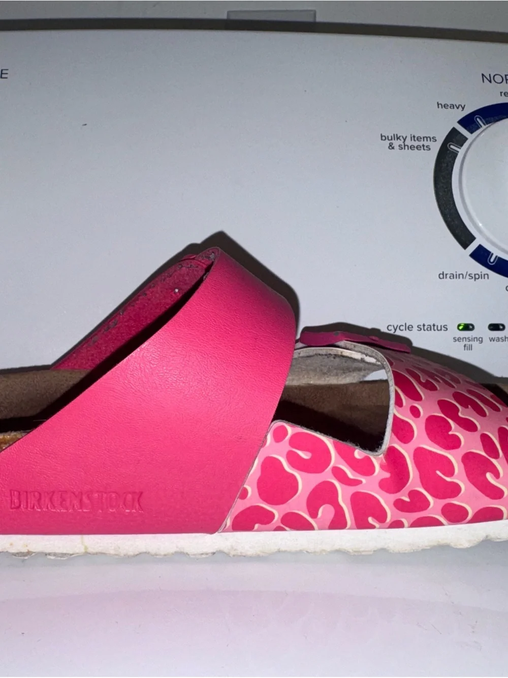 Birkenstock Pink Dual-Strap Slide Sandals with Leopard Print